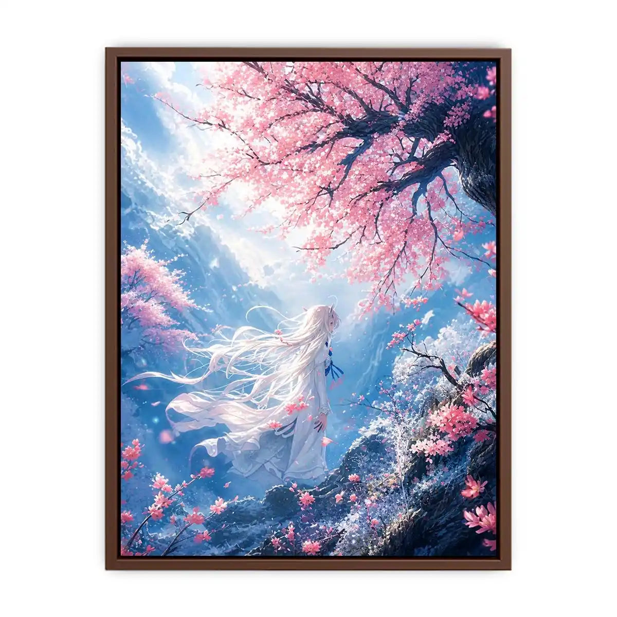 Ethereal anime girl under cherry blossoms dreamy sakura wall art canvas