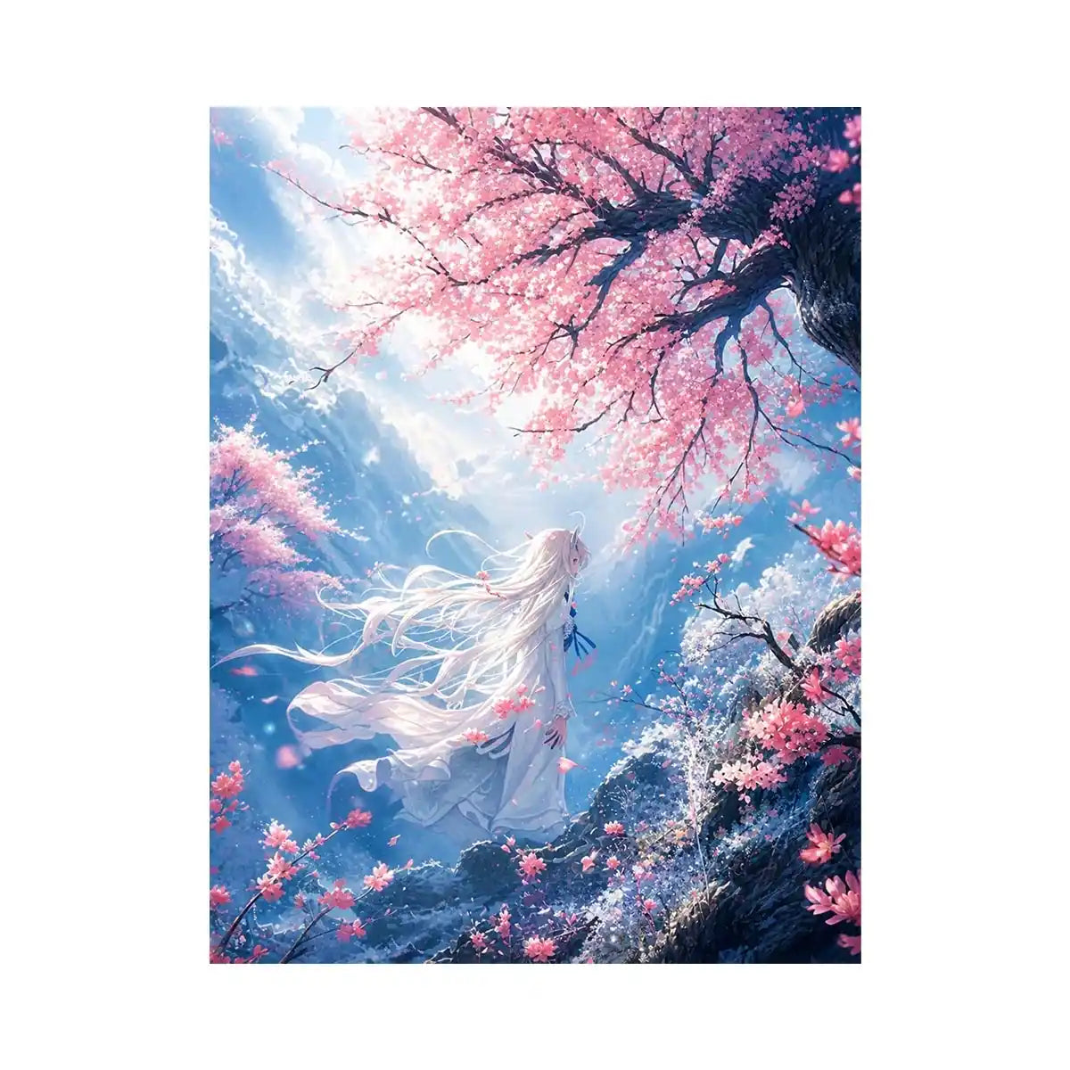 Ethereal anime girl under cherry blossoms dreamy sakura wall art canvas