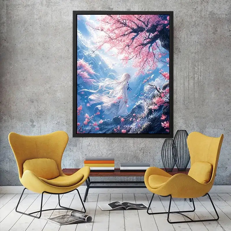 Ethereal anime girl under cherry blossoms dreamy sakura wall art canvas