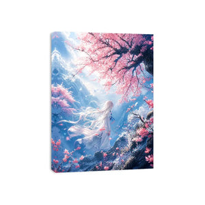 Ethereal anime girl under cherry blossoms dreamy sakura wall art canvas