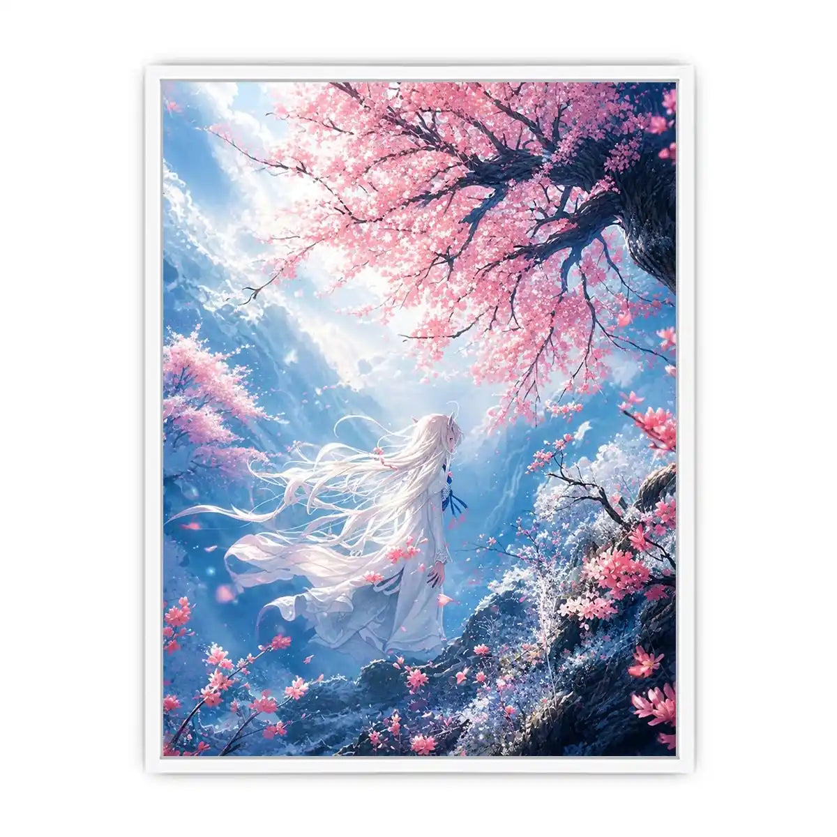 Ethereal anime girl under cherry blossoms dreamy sakura wall art canvas