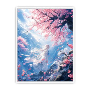 Ethereal anime girl under cherry blossoms dreamy sakura wall art canvas