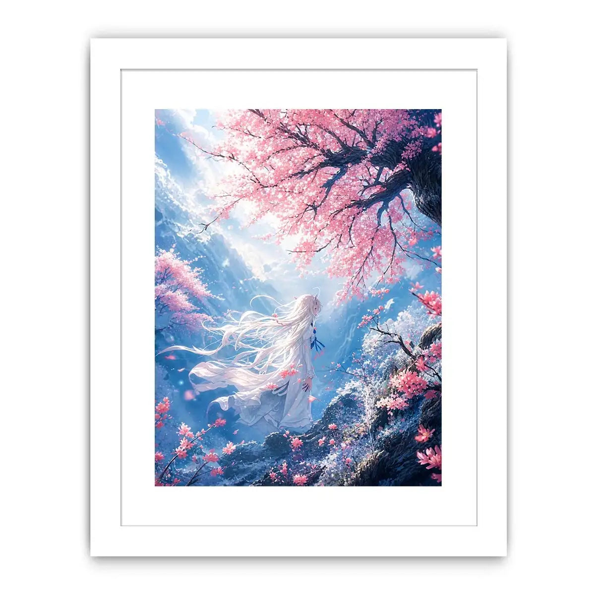 Ethereal anime girl under cherry blossoms dreamy sakura wall art canvas