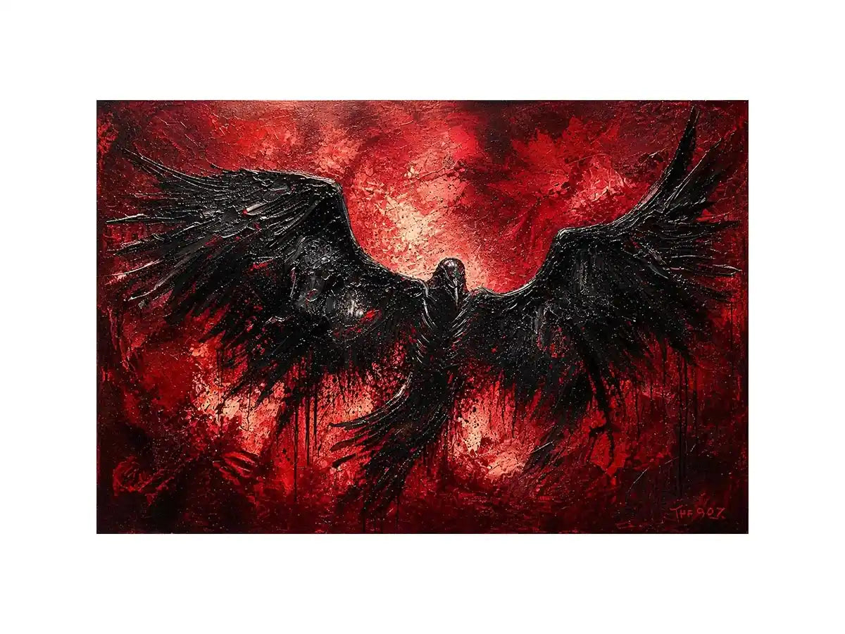 abstract black raven red background modern luxury wall art dramatic bird painting canvas