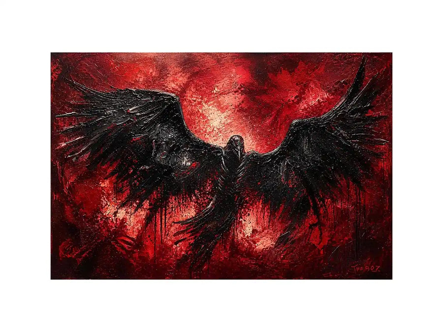 abstract black raven red background modern luxury wall art dramatic bird painting canvas