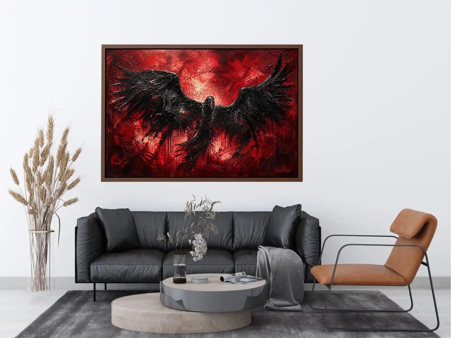abstract black raven red background modern luxury wall art dramatic bird painting canvas