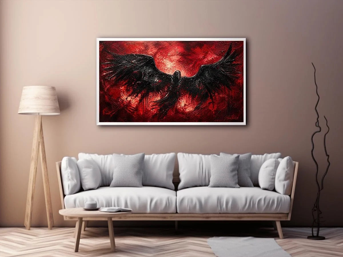 abstract black raven red background modern luxury wall art dramatic bird painting canvas
