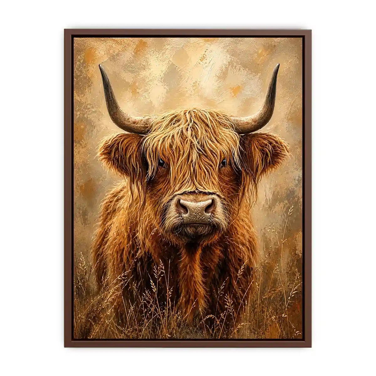 highland cow portrait warm neutral rustic farmhouse wall art textured canvas