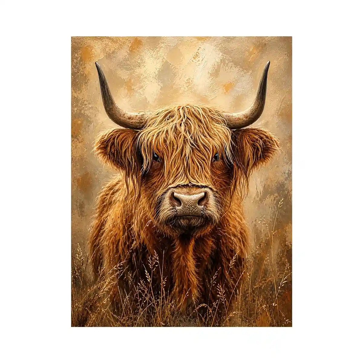 highland cow portrait warm neutral rustic farmhouse wall art textured canvas