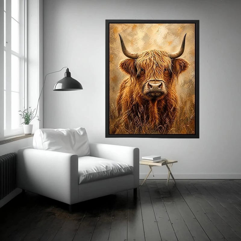 highland cow portrait warm neutral rustic farmhouse wall art textured canvas