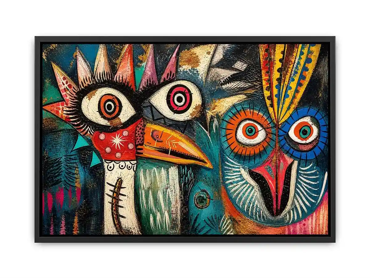 abstract tribal bird colorful modern wall art bold eyes textured canvas