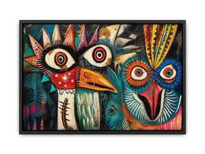 abstract tribal bird colorful modern wall art bold eyes textured canvas