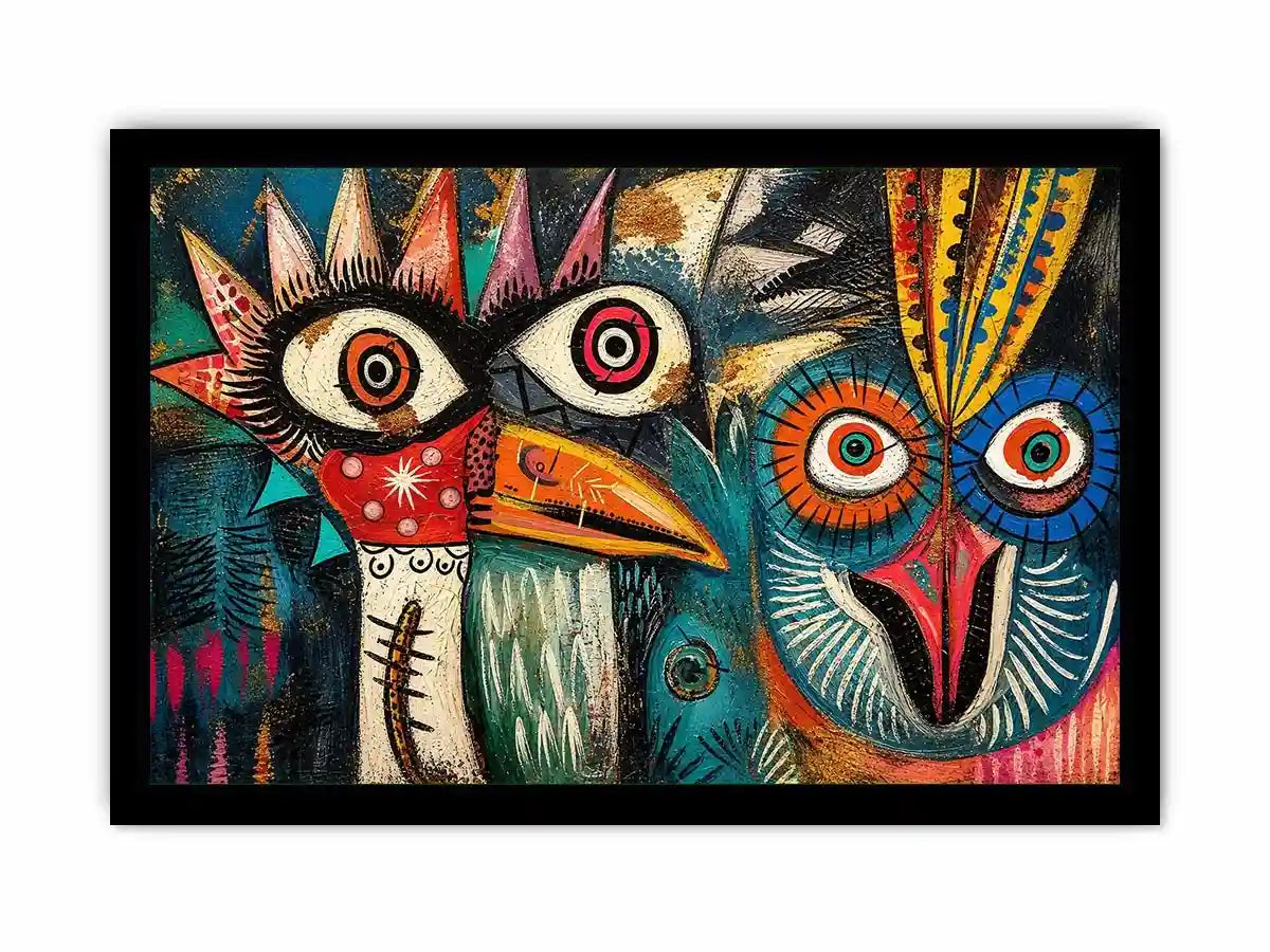 abstract tribal bird colorful modern wall art bold eyes textured canvas