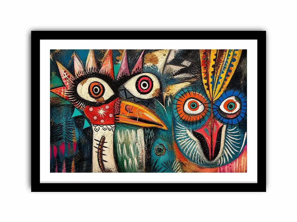 abstract tribal bird colorful modern wall art bold eyes textured canvas