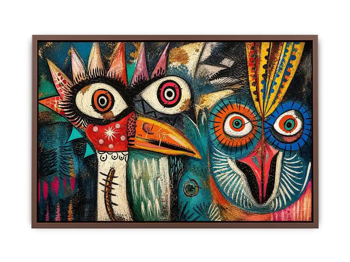 abstract tribal bird colorful modern wall art bold eyes textured canvas
