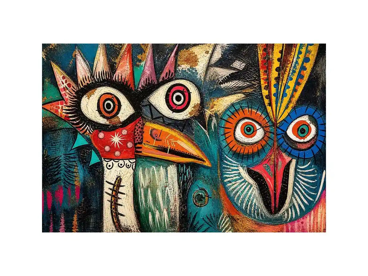 abstract tribal bird colorful modern wall art bold eyes textured canvas