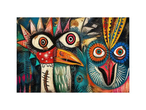 abstract tribal bird colorful modern wall art bold eyes textured canvas
