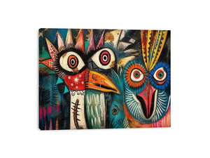 abstract tribal bird colorful modern wall art bold eyes textured canvas