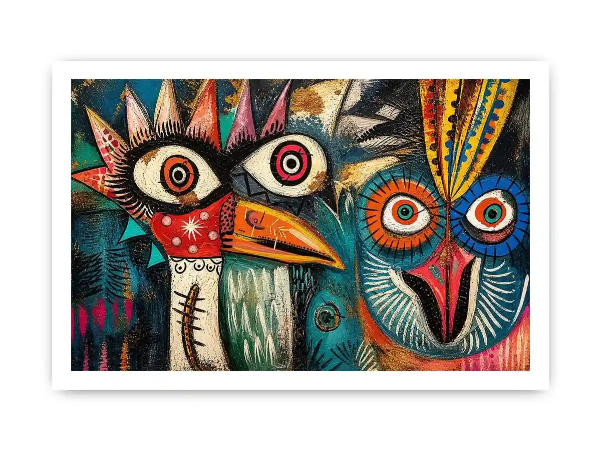 abstract tribal bird colorful modern wall art bold eyes textured canvas
