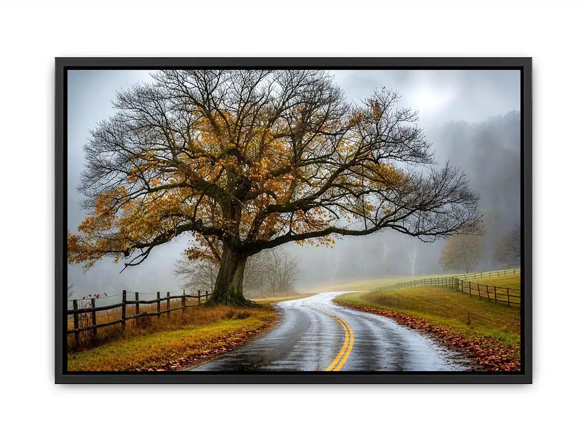 Foggy autumn countryside road with large tree and winding path rustic landscape wall art