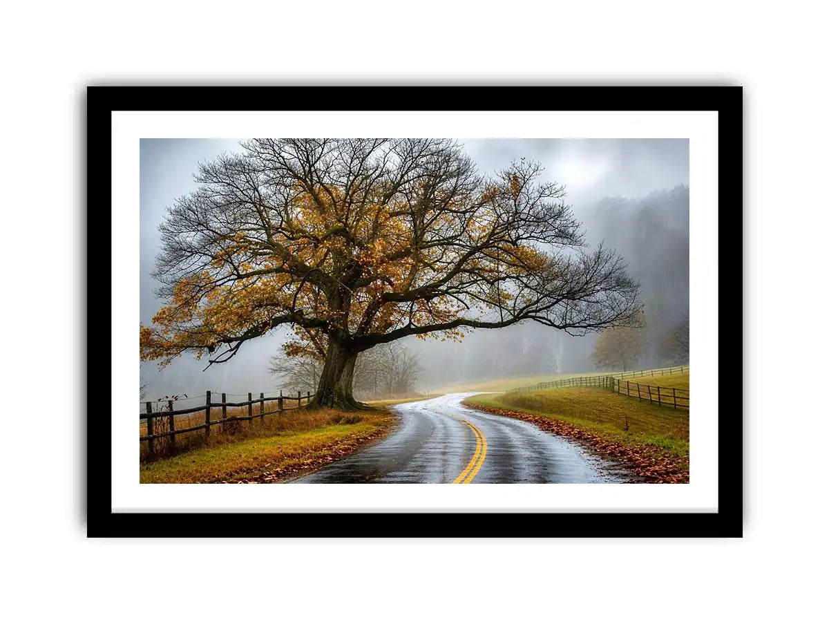 Foggy autumn countryside road with large tree and winding path rustic landscape wall art