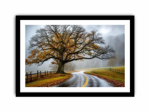 Foggy autumn countryside road with large tree and winding path rustic landscape wall art