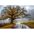 Foggy autumn countryside road with large tree and winding path rustic landscape wall art