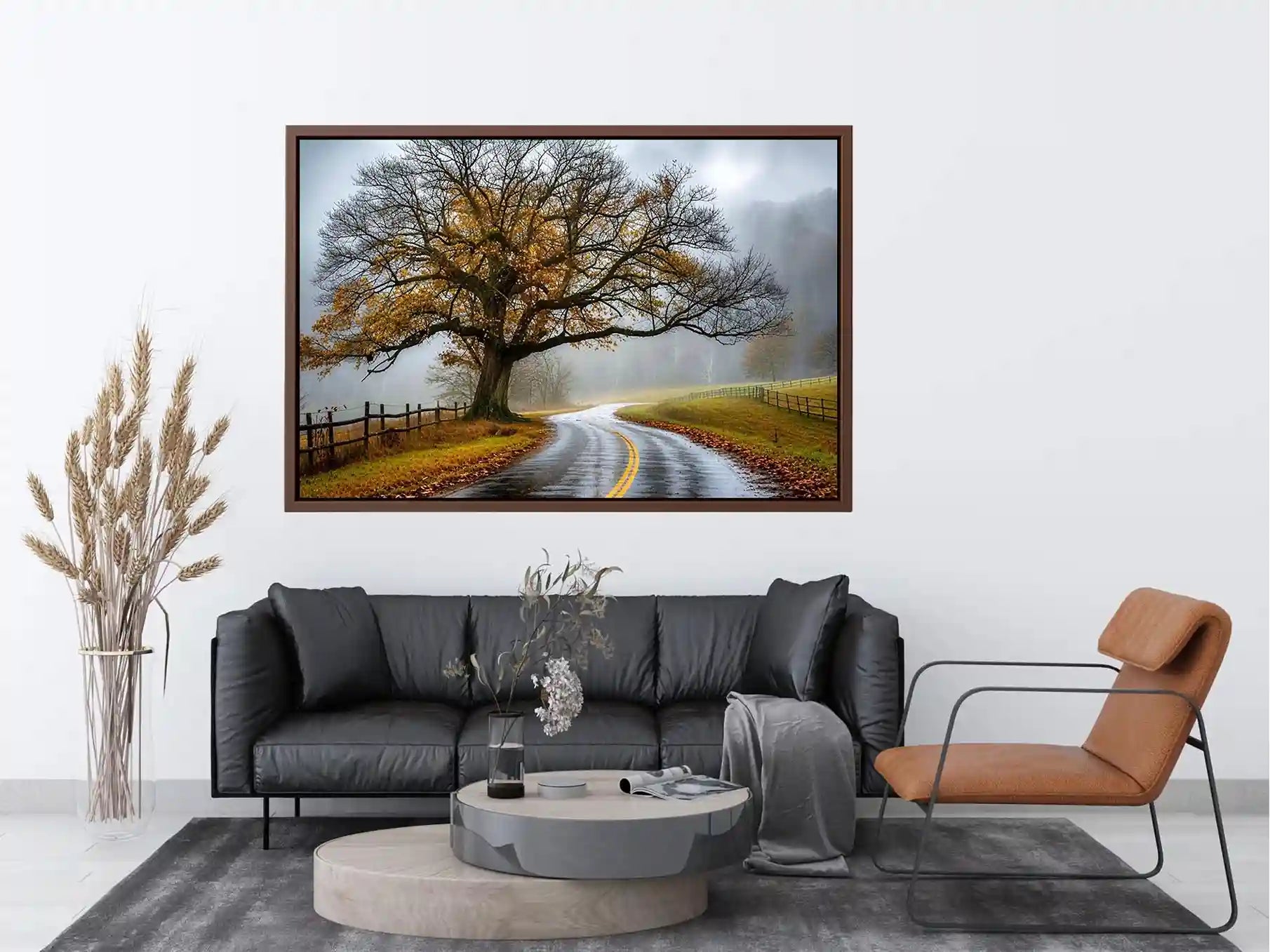 Foggy autumn countryside road with large tree and winding path rustic landscape wall art