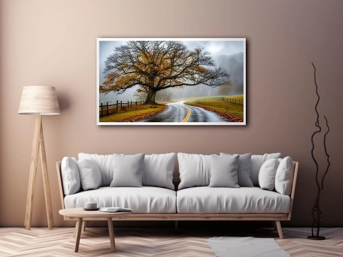Foggy autumn countryside road with large tree and winding path rustic landscape wall art