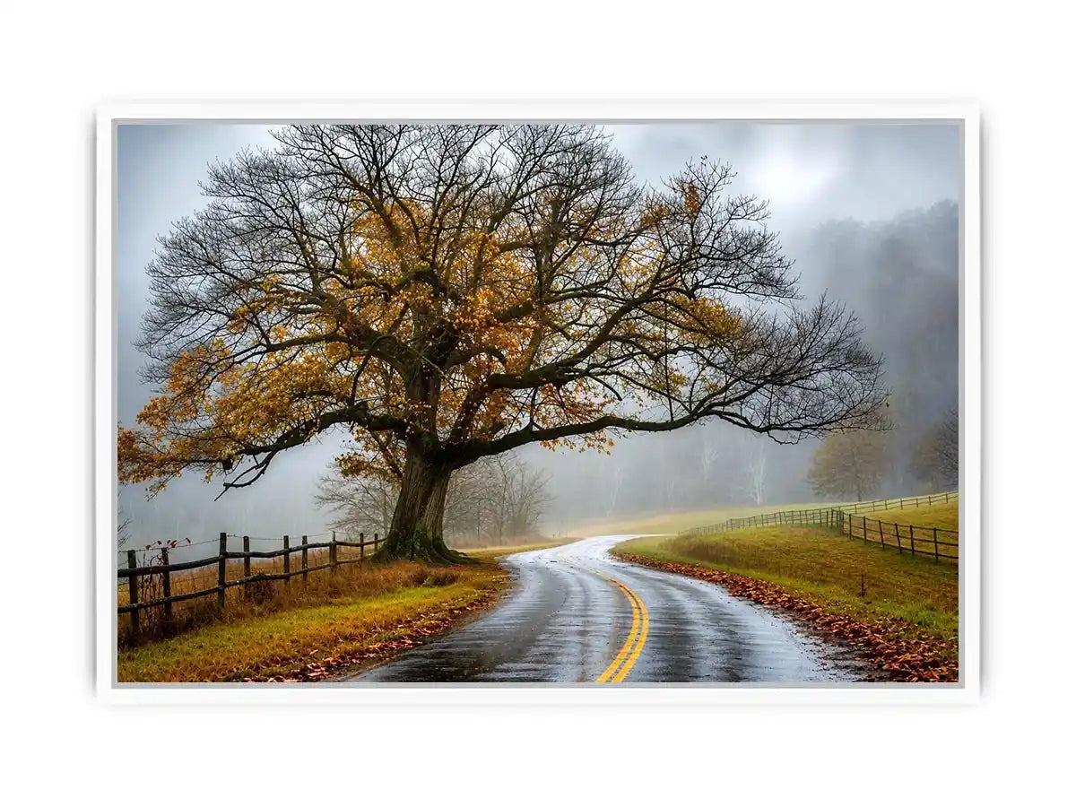Foggy autumn countryside road with large tree and winding path rustic landscape wall art