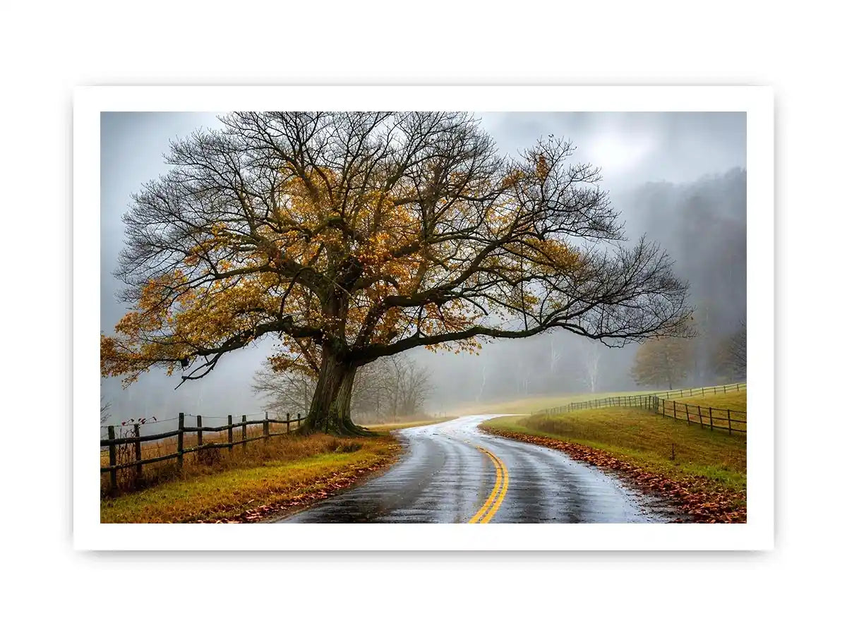 Foggy autumn countryside road with large tree and winding path rustic landscape wall art
