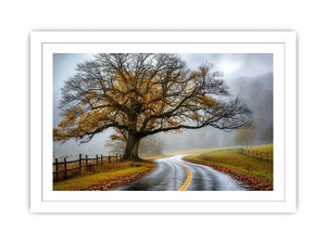 Foggy autumn countryside road with large tree and winding path rustic landscape wall art