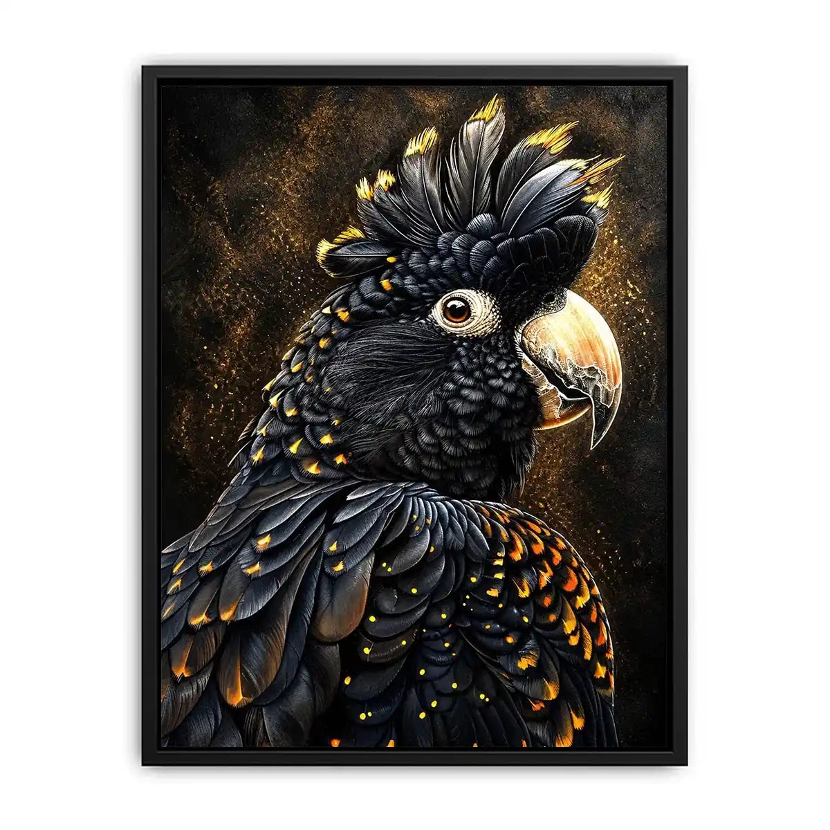 black cockatoo portrait dark luxury wall art gold accents wildlife canvas decor