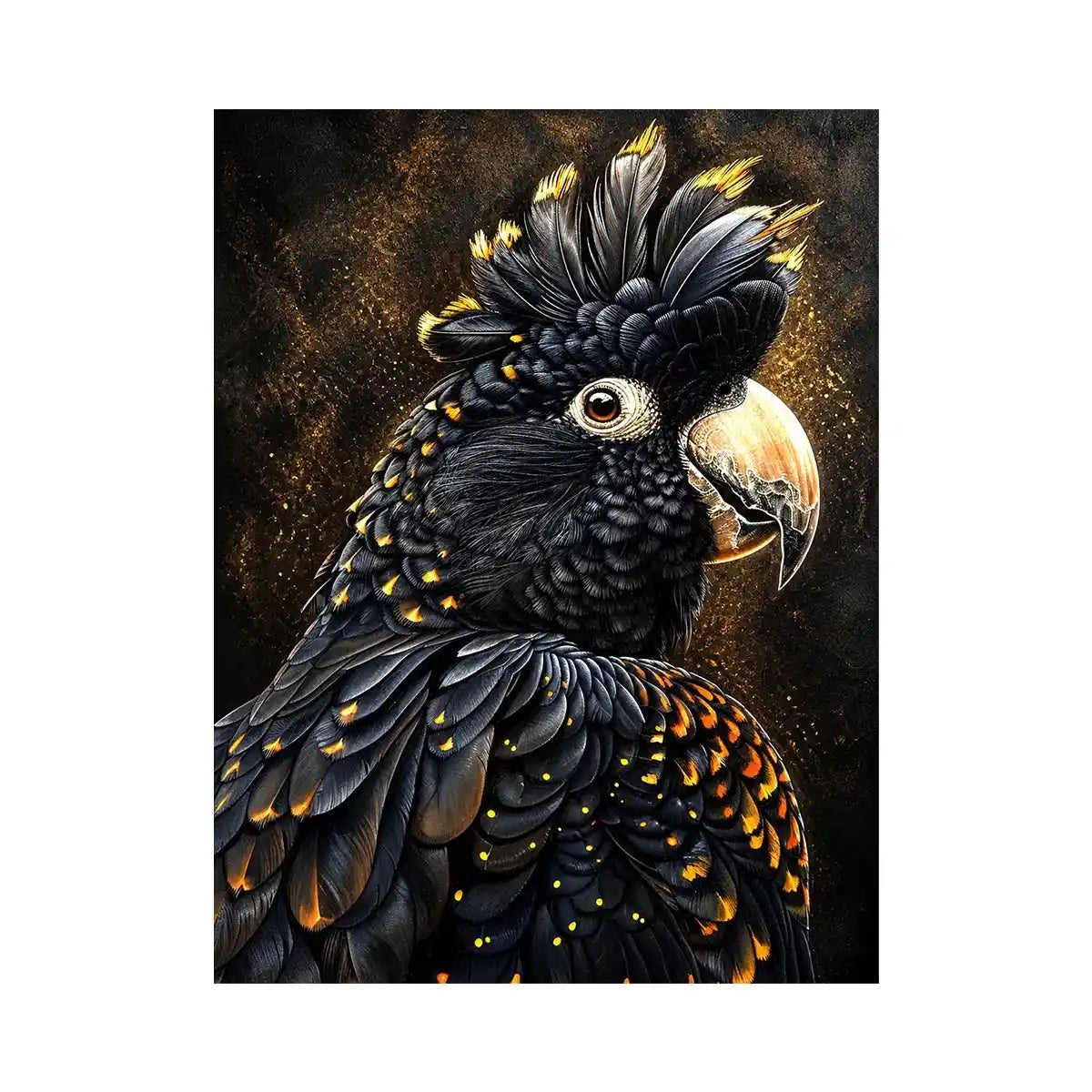 black cockatoo portrait dark luxury wall art gold accents wildlife canvas decor