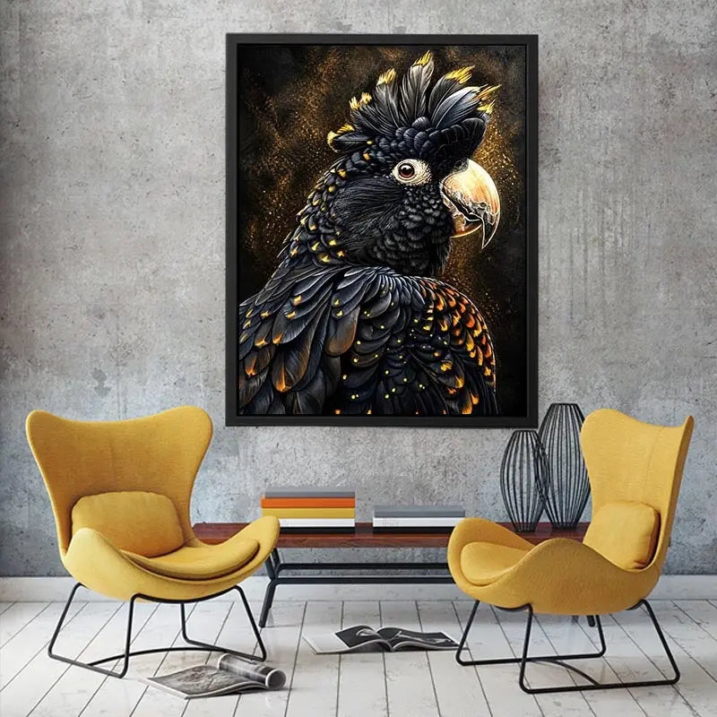 black cockatoo portrait dark luxury wall art gold accents wildlife canvas decor