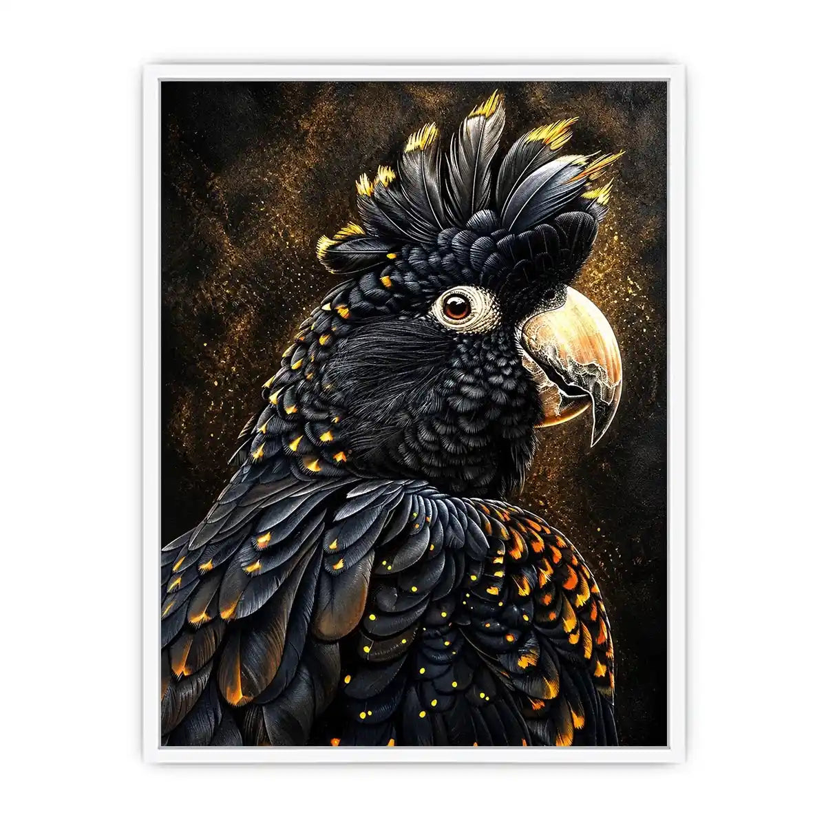 black cockatoo portrait dark luxury wall art gold accents wildlife canvas decor