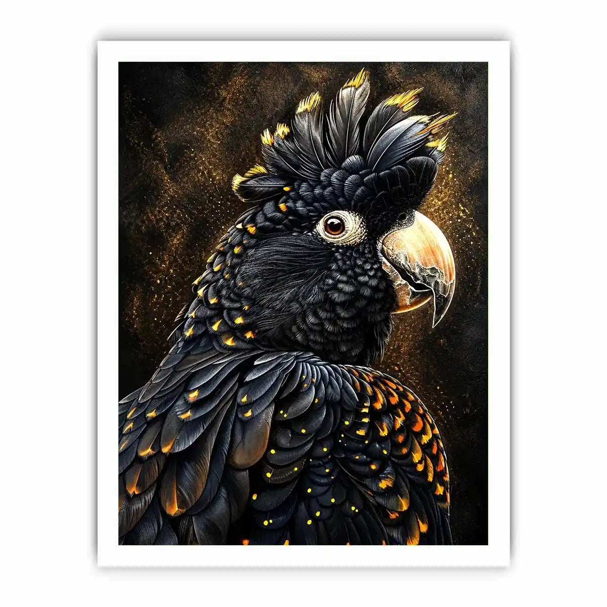 black cockatoo portrait dark luxury wall art gold accents wildlife canvas decor