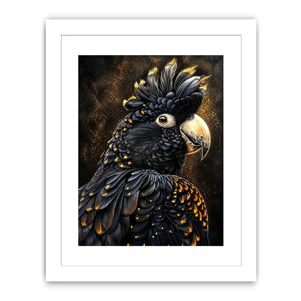 black cockatoo portrait dark luxury wall art gold accents wildlife canvas decor