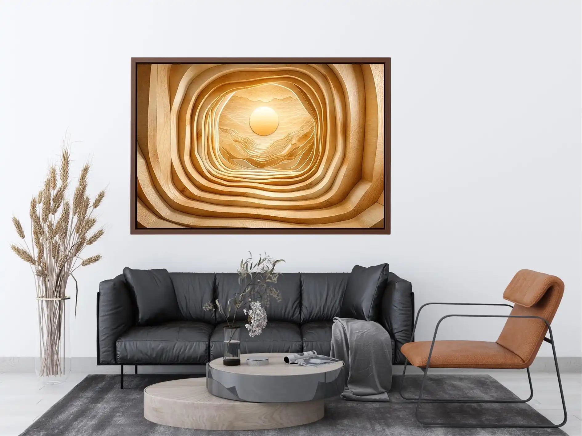 japandi layered wood abstract neutral wall art 3d tunnel sun minimalist canvas decor