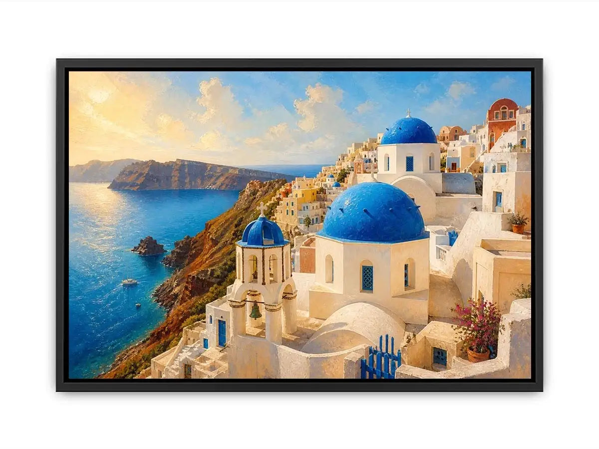 santorini blue domes mediterranean coastal wall art travel canvas decor