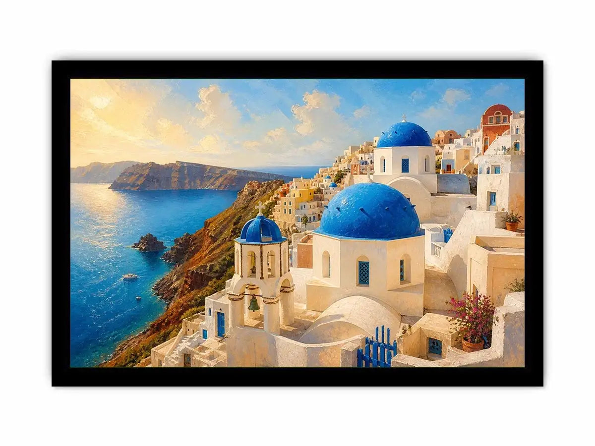 santorini blue domes mediterranean coastal wall art travel canvas decor