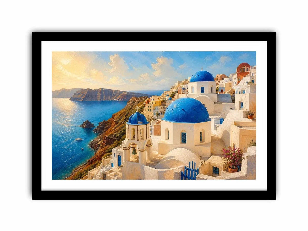 santorini blue domes mediterranean coastal wall art travel canvas decor