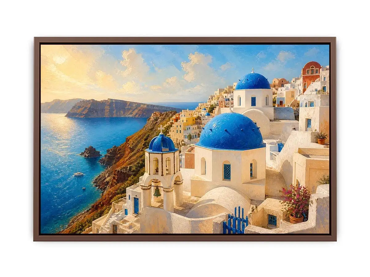 santorini blue domes mediterranean coastal wall art travel canvas decor
