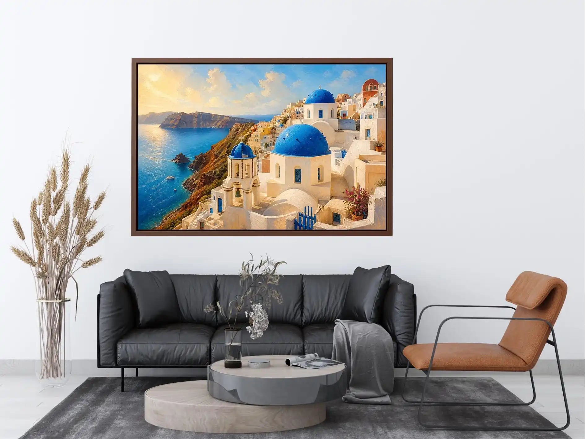 santorini blue domes mediterranean coastal wall art travel canvas decor