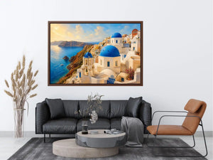 santorini blue domes mediterranean coastal wall art travel canvas decor