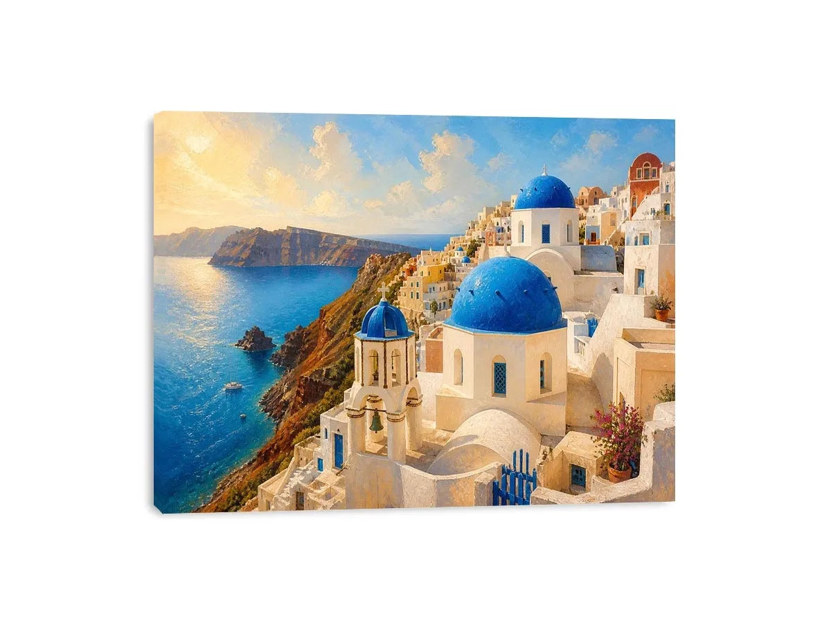 santorini blue domes mediterranean coastal wall art travel canvas decor