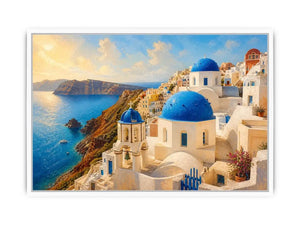 santorini blue domes mediterranean coastal wall art travel canvas decor