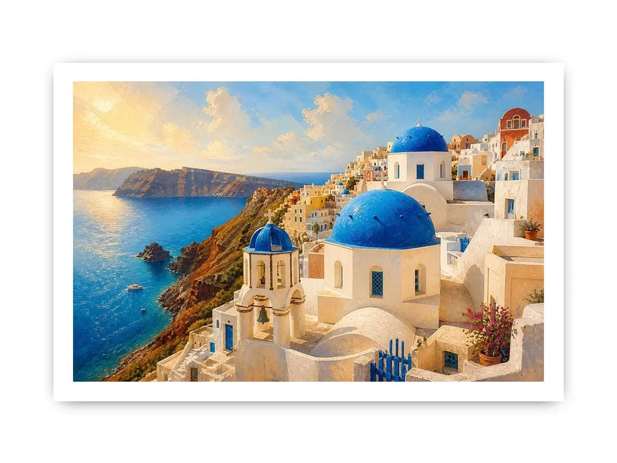 santorini blue domes mediterranean coastal wall art travel canvas decor
