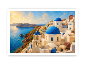 santorini blue domes mediterranean coastal wall art travel canvas decor