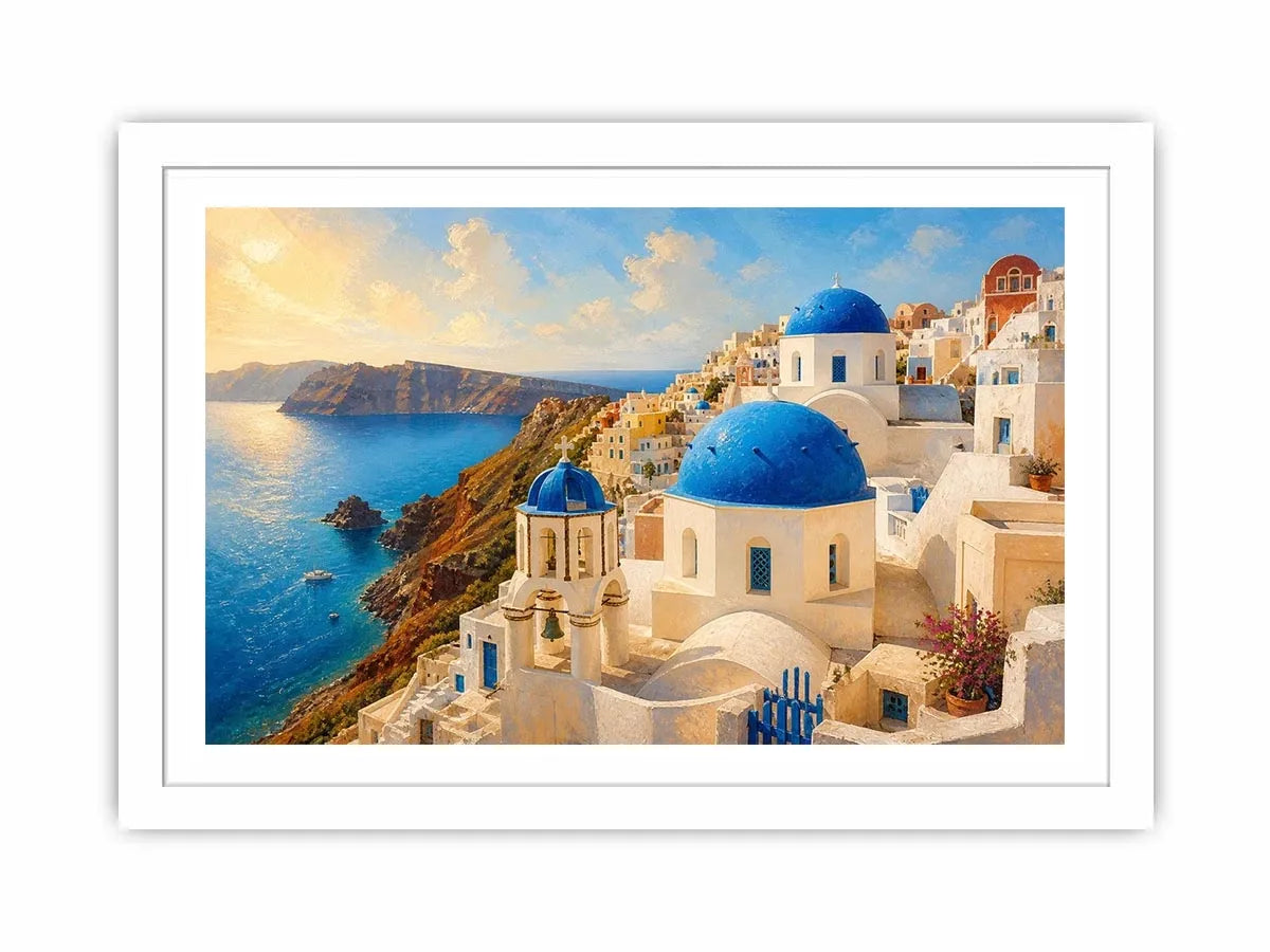 santorini blue domes mediterranean coastal wall art travel canvas decor